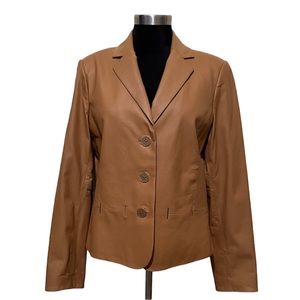 Doncaster camel-colored leather blazer with gold accents